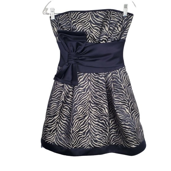 Jessica McClintock Sz 4 Dress Mini Zebra Stripe Fitted Strapless Navy Satin Trim - Picture 2 of 13